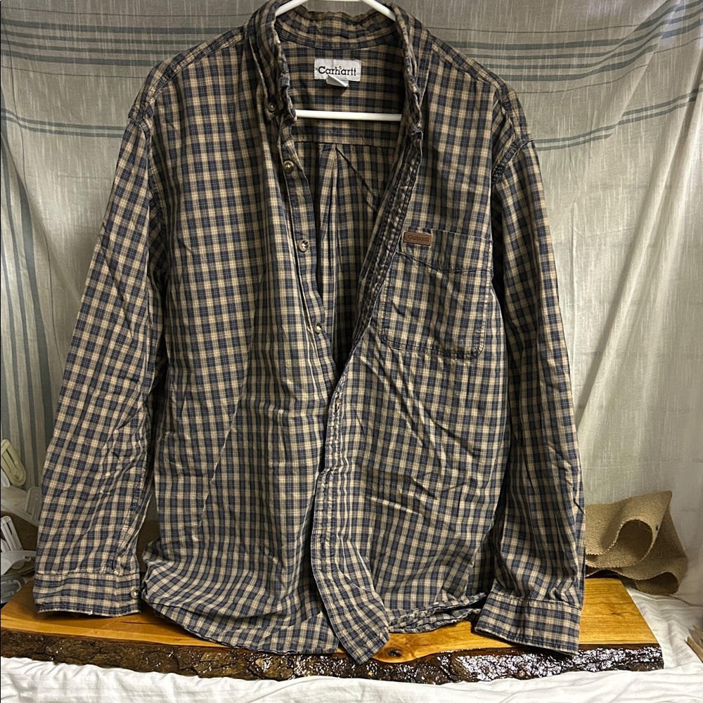 Carhartt Men's Plaid Button Down Shirt - Navy and Tan